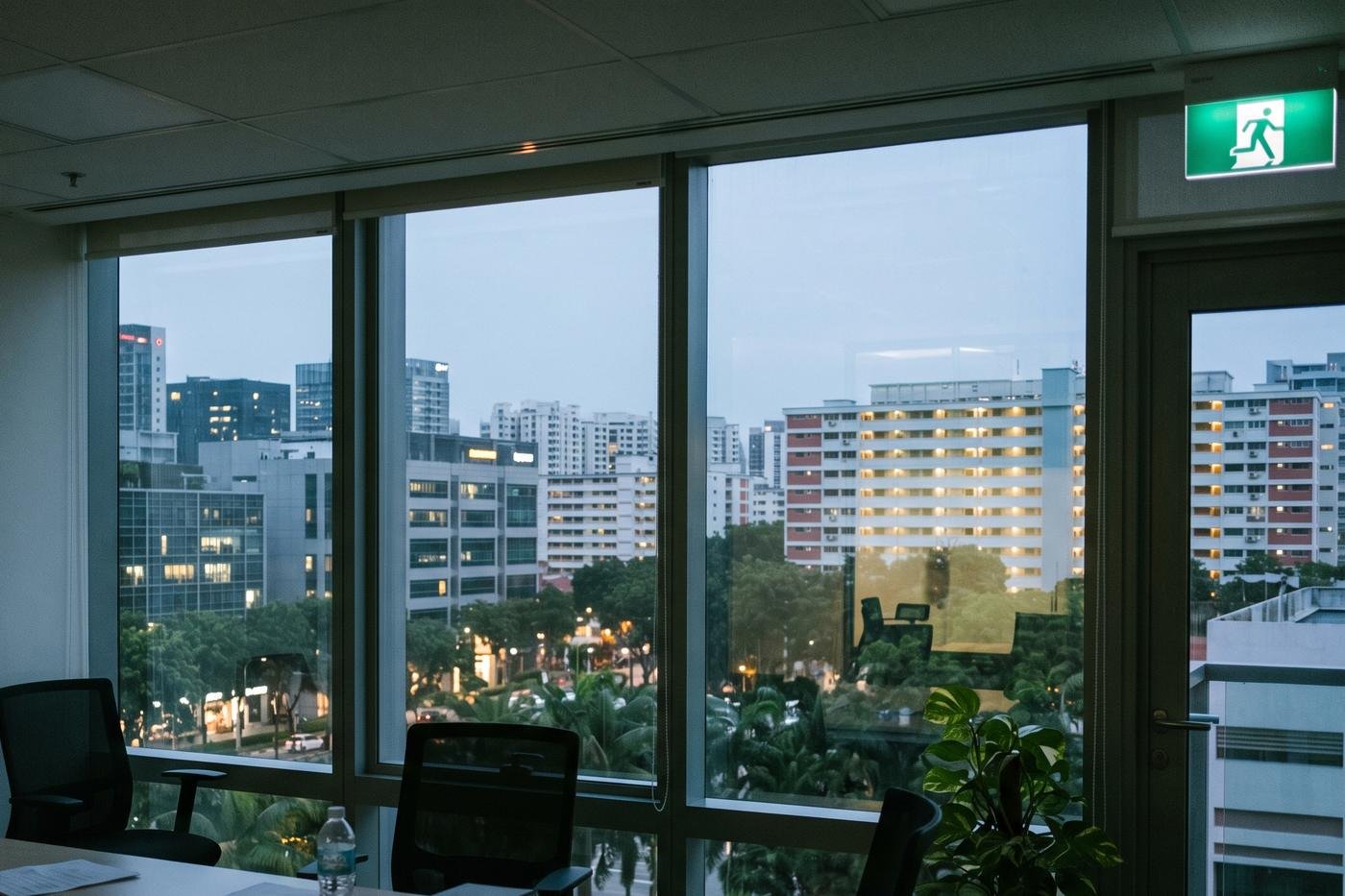 A meeting room at dusk, looking out through full-height windows over
    Singapore housing blocks and offices with their lights coming on.