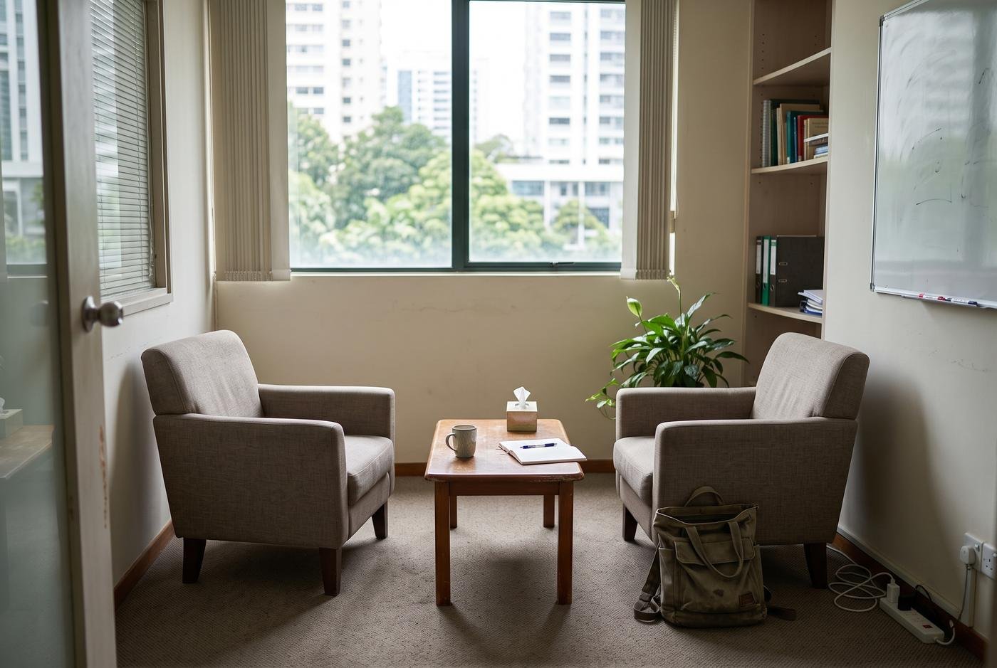 A small room set for a conversation: two armchairs angled towards each other, a low table
    with a notebook and a cup, a window onto trees and housing blocks.